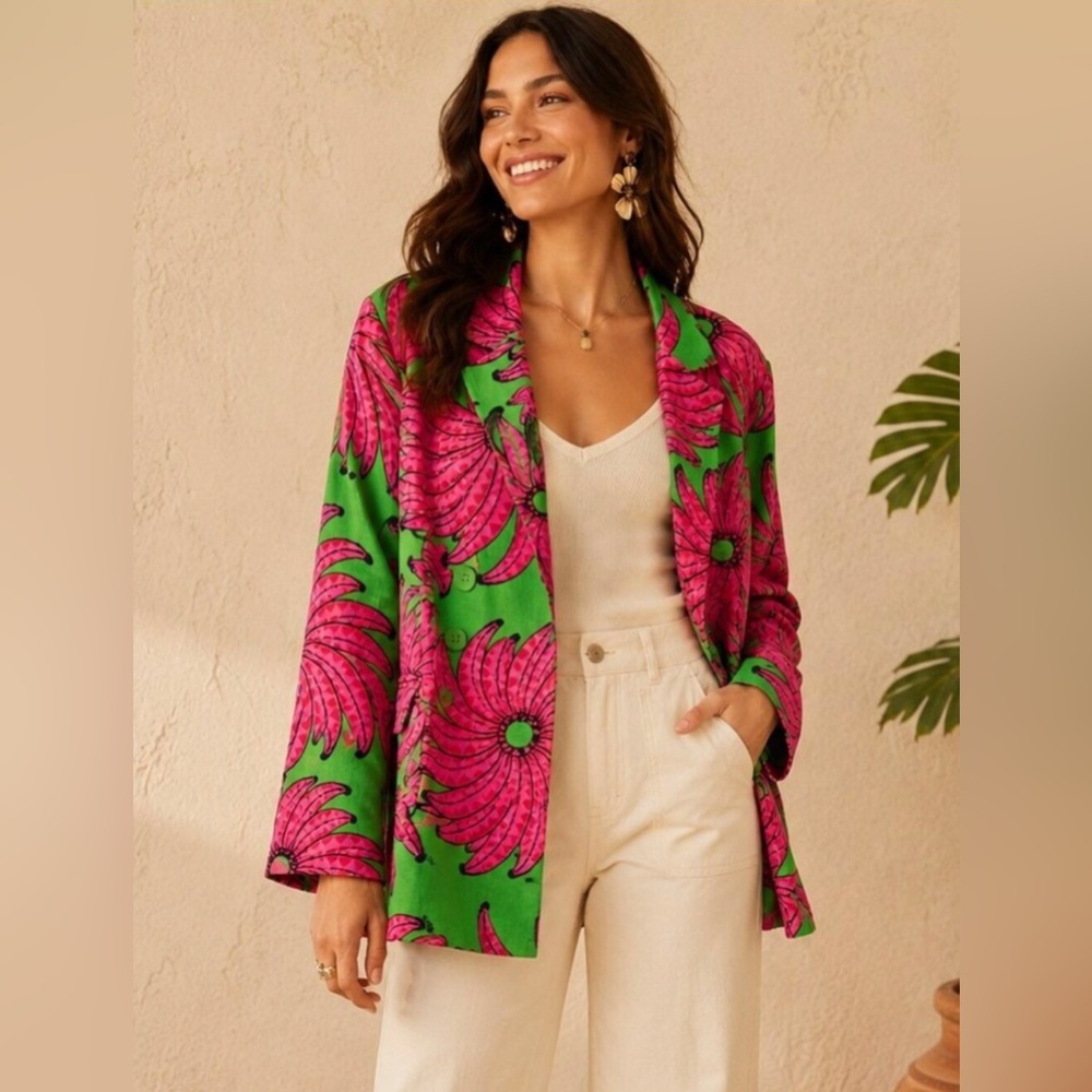 FARM Rio Women’s S Banana Alberto Pitta Pink/Green Linen Floral Blazer